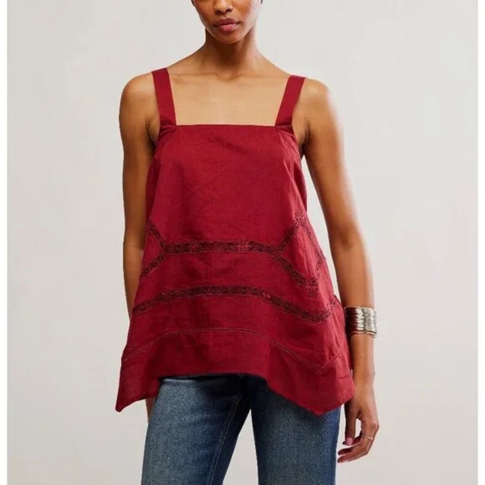 NWT Free People Cotton ‘Charlotte’ Red Sleeveless Lace Handkerchief Tunic Top